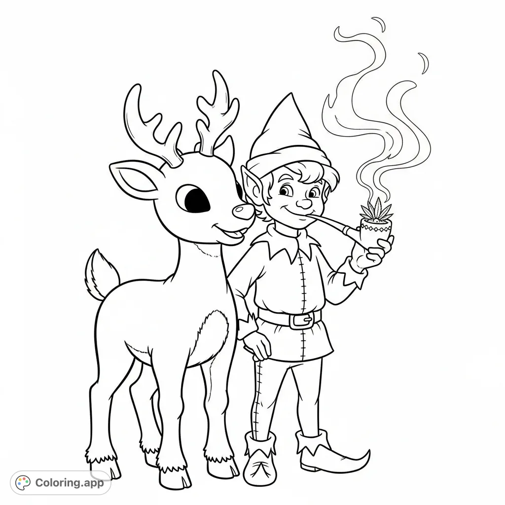 An adult-themed coloring page featuring Rudolph and an Elf, both with a relaxed demeanor, as the Elf holds a pipe emitting smoke.