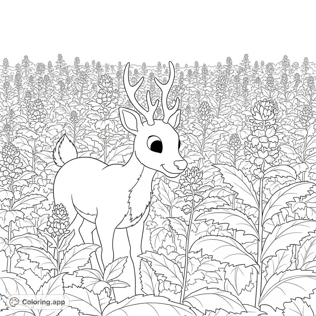 Rudolph the reindeer grazes amidst a vibrant field of lush, tall leafy plants with serrated edges, a unique and engaging scene to color.