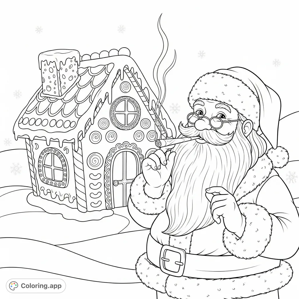 A humorous coloring page featuring Santa Claus enjoying a moment of relaxation with a rolled item in front of a whimsical gingerbread house. Perfect for adult coloring.