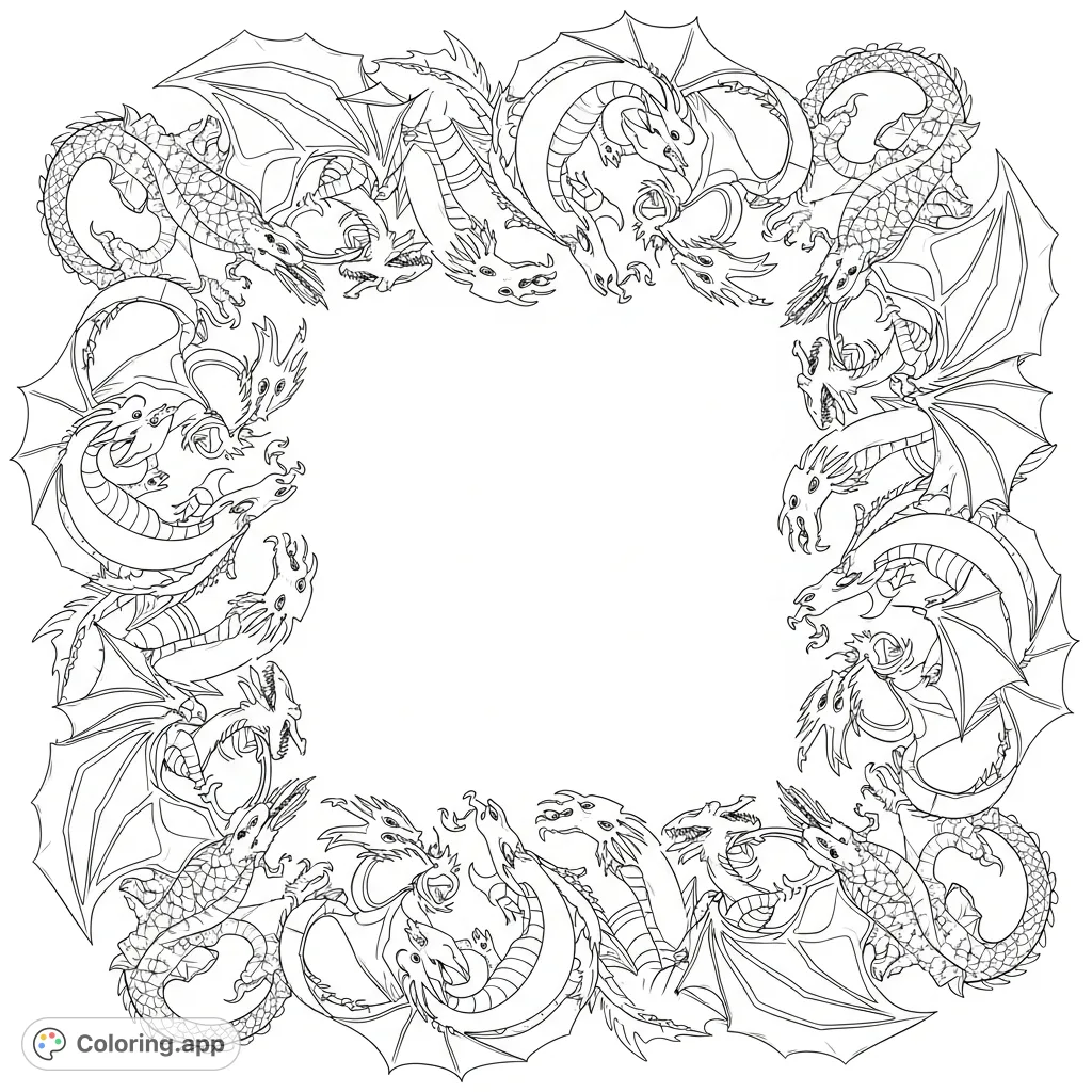 A captivating coloring page featuring thirteen unique dragons intertwined to form an intricate square border, leaving a clear open space in the center for personalization.