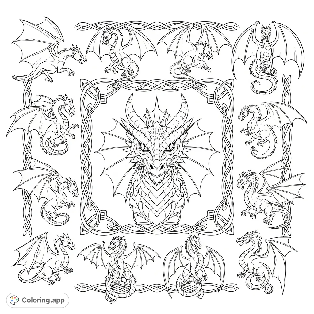 A captivating dragon coloring page featuring twelve unique dragons forming an ornate square border around a powerful, intricately detailed central dragon face. Unleash your creativity!