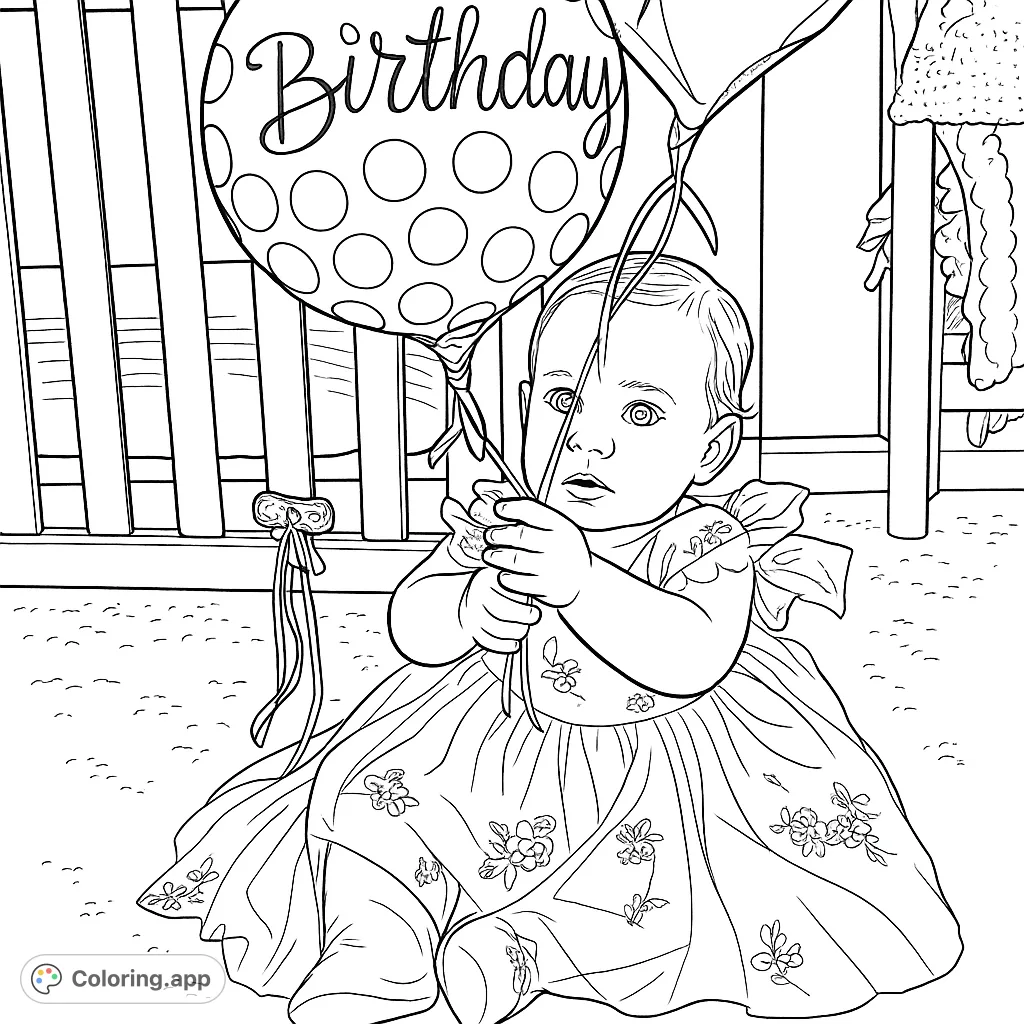A delightful birthday scene featuring a sweet baby in an embroidered dress, surrounded by festive balloons. Perfect for celebrating special milestones and creative expression.
