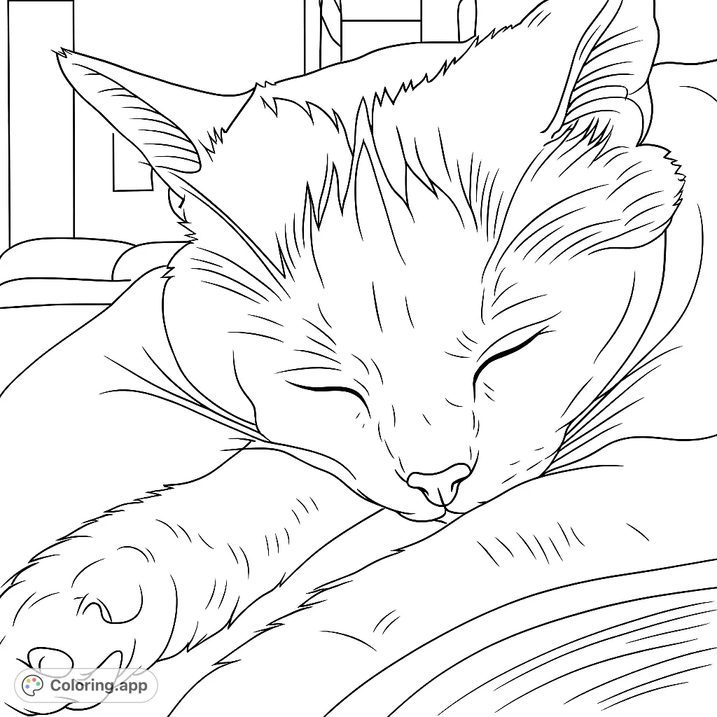Capture the serenity of a deeply sleeping cat in this detailed coloring page. Explore textures and patterns on its fur and the cozy surface.