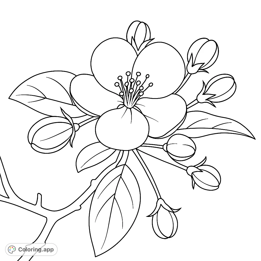 Discover the beauty of nature with this delicate floral coloring page featuring a blooming flower, unfurling petals, and numerous closed buds, perfect for relaxation.