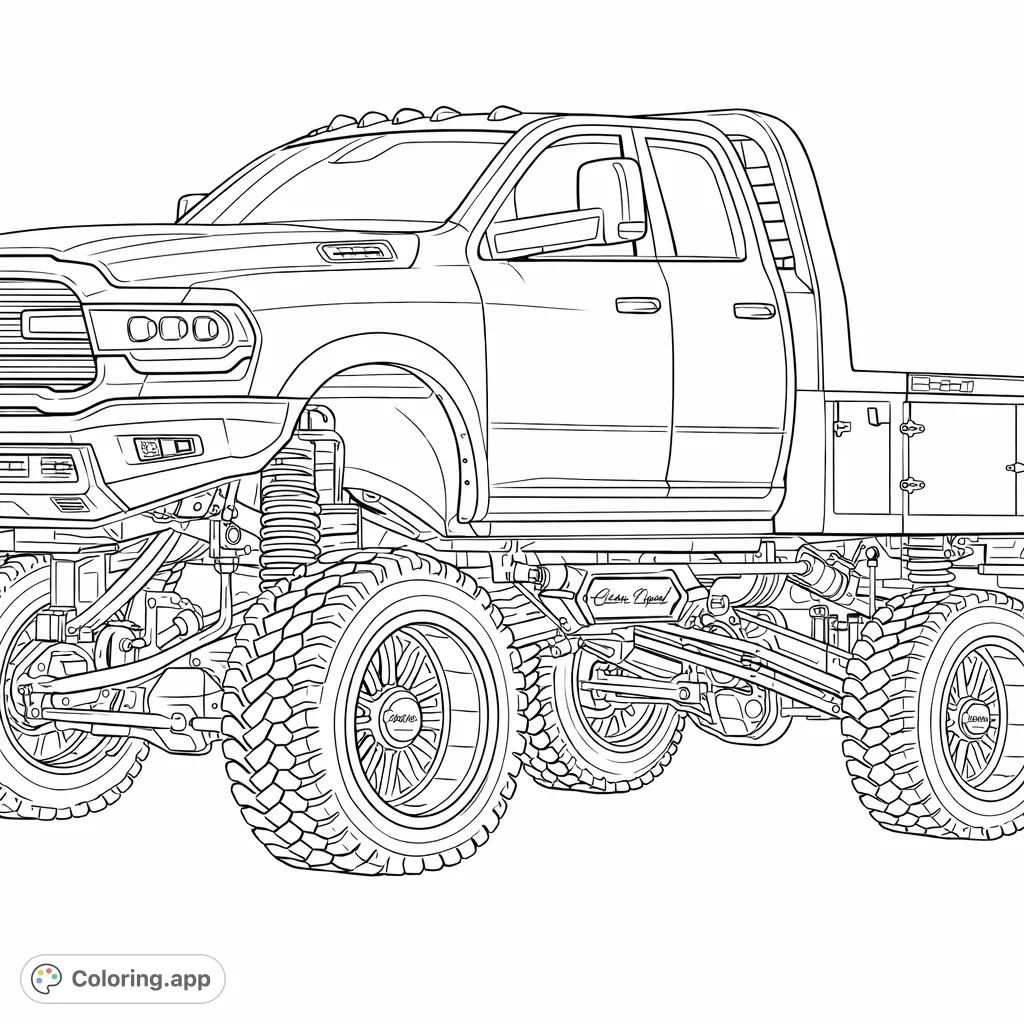 Color a powerful custom lifted truck with intricate suspension details and aggressive tires. Perfect for vehicle enthusiasts and detailed coloring.