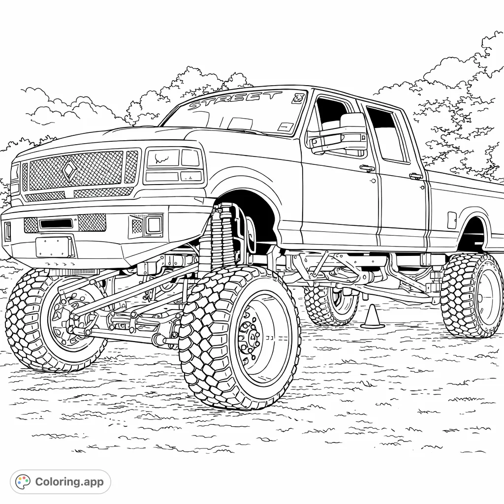Color a powerful lifted pickup truck with massive tires, intricate suspension, and a custom bumper. Perfect for truck enthusiasts to explore detailed design.