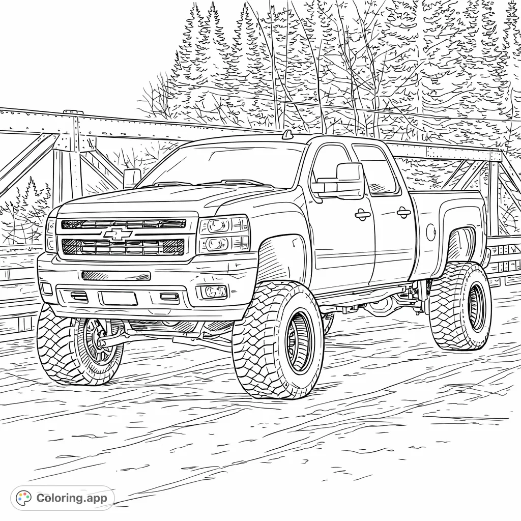 Rev up your creativity with this lifted pickup truck coloring page. A powerful vehicle on a detailed bridge, perfect for truck enthusiasts and automotive fans.