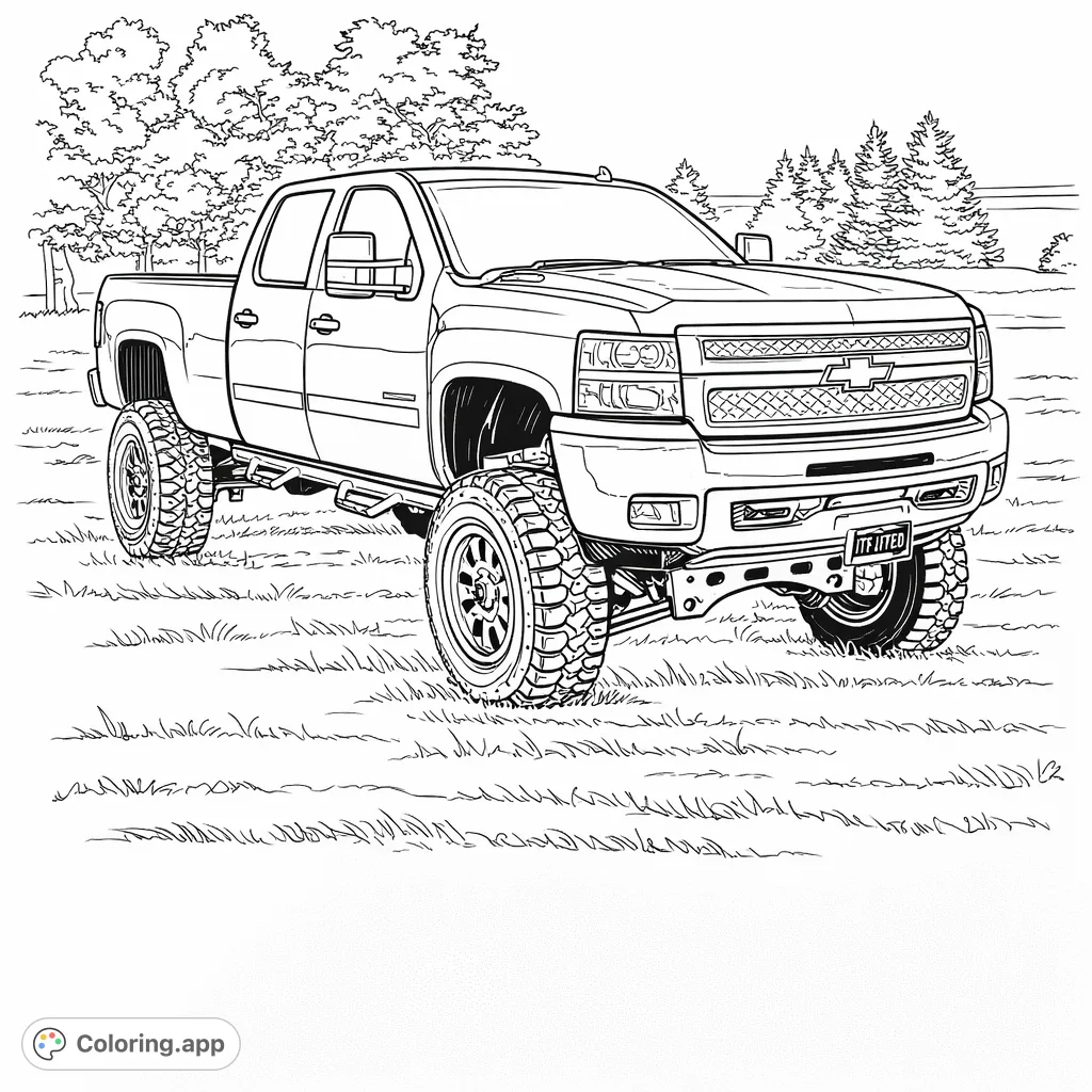 A detailed coloring page of a mighty lifted pickup truck with prominent off-road tires on a grassy field, ready for customization.