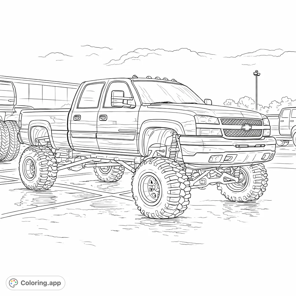Color this massive lifted truck featuring huge off-road tires and a custom suspension, ready for rugged adventures and bold customization.