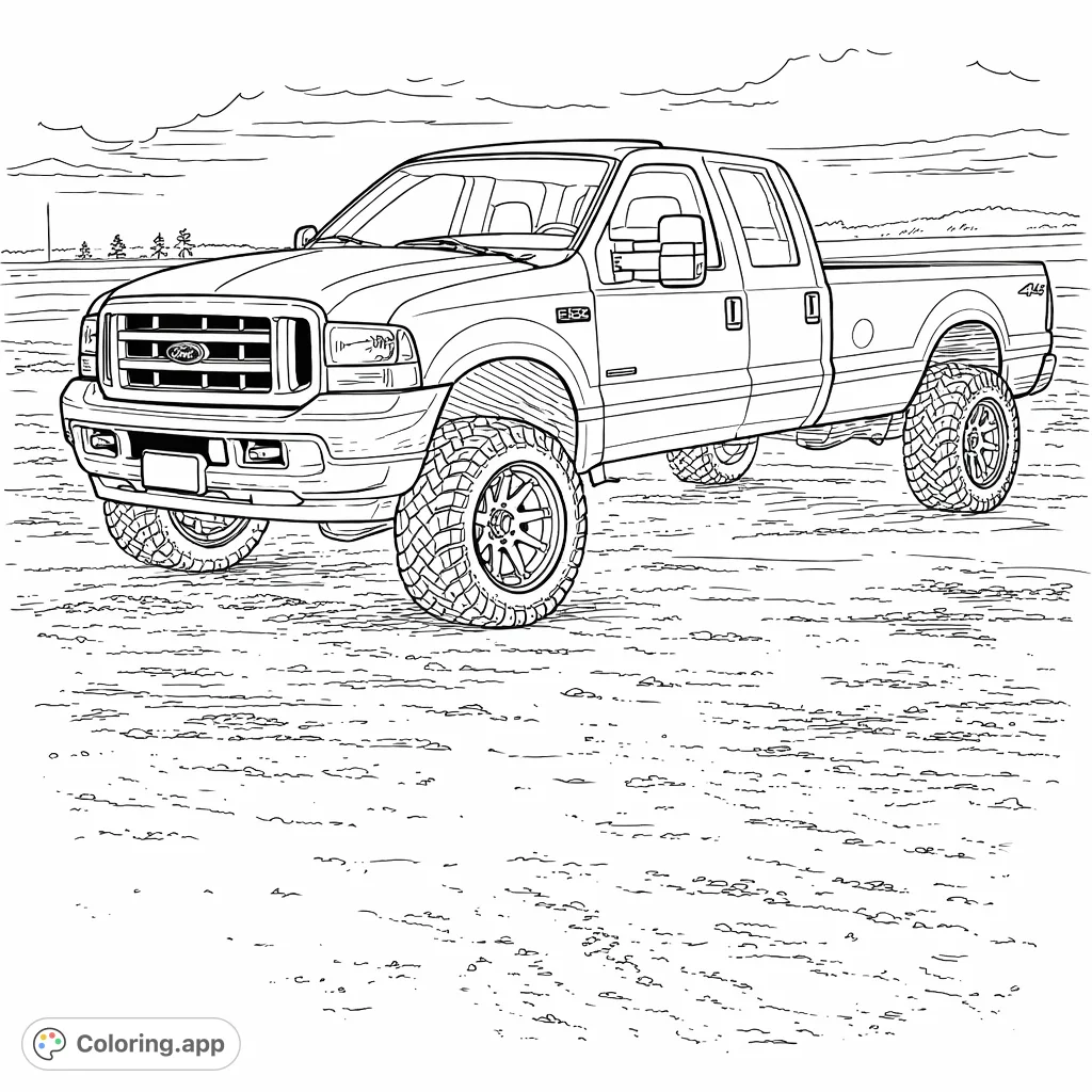 Color this powerful lifted pickup truck with massive tires, intricate wheels, and a rugged design, set against an open horizon. Perfect for vehicle enthusiasts.