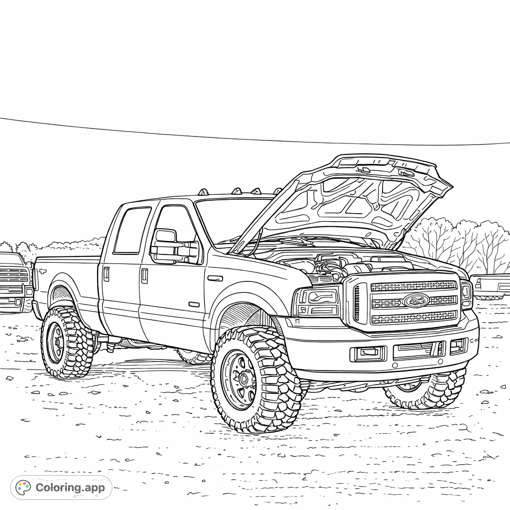 A detailed lifted pickup truck with its hood open, showcasing engine components and aggressive tires. Perfect for enthusiasts and truck fans.