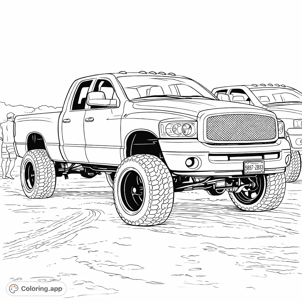 Explore the power and rugged design of a lifted pickup truck on a sandy beach. Perfect for enthusiasts, this detailed truck coloring page offers an exciting off-road scene.