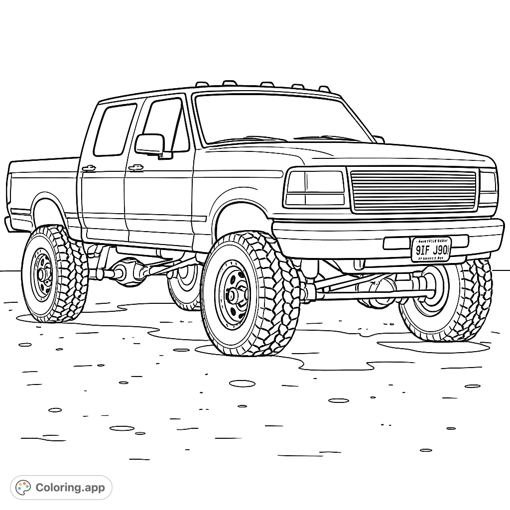Color a powerful lifted pickup truck, detailed with aggressive tires and elevated suspension, reflecting on a textured, wet surface.