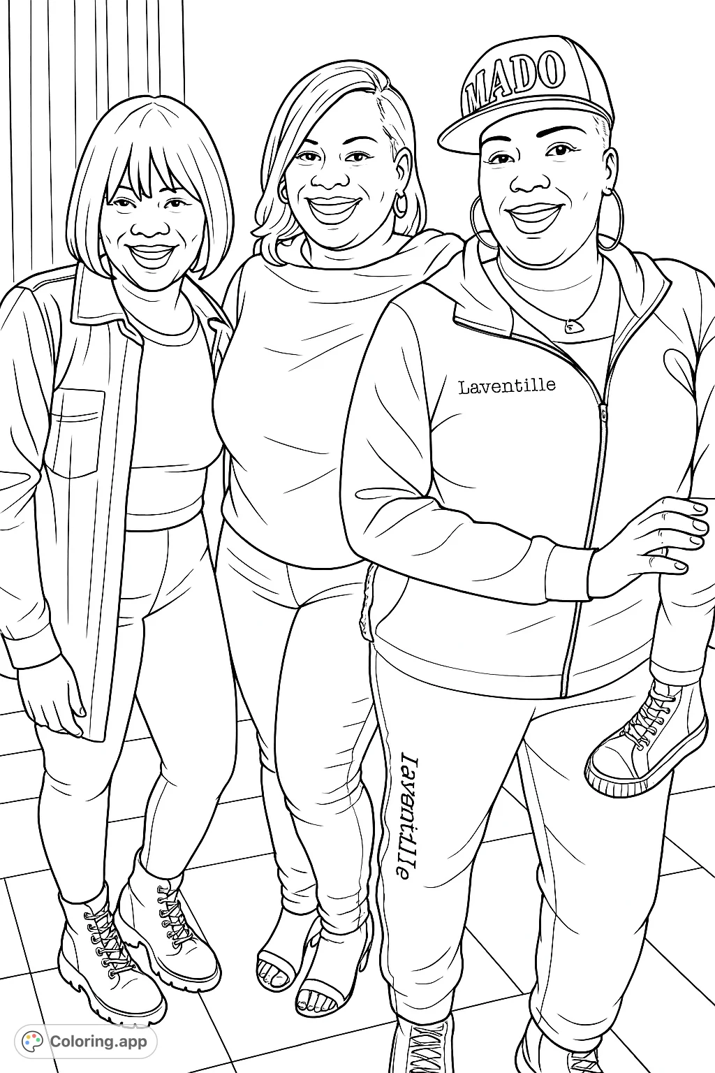 A cheerful group of three women, one holding a child, posing together. A modern friendship scene for creative coloring.
