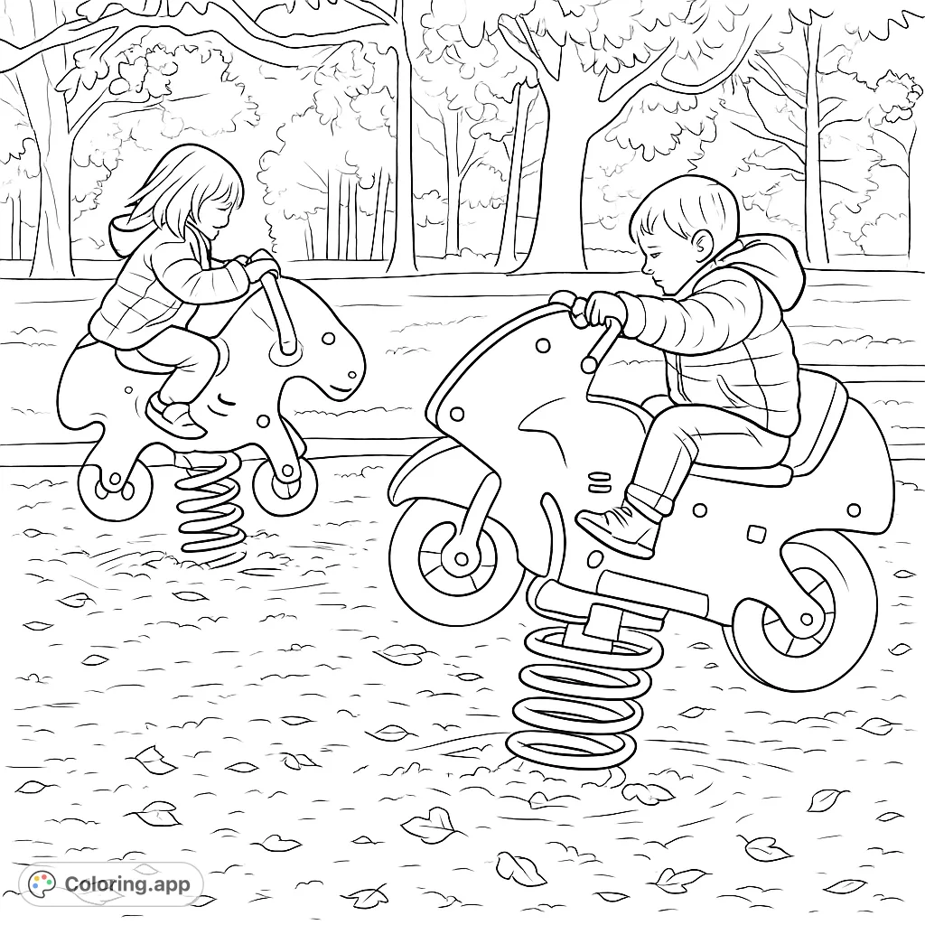 Two joyful children ride spring-loaded motorcycles at a park, surrounded by trees and fallen leaves, ready for a playful coloring adventure.