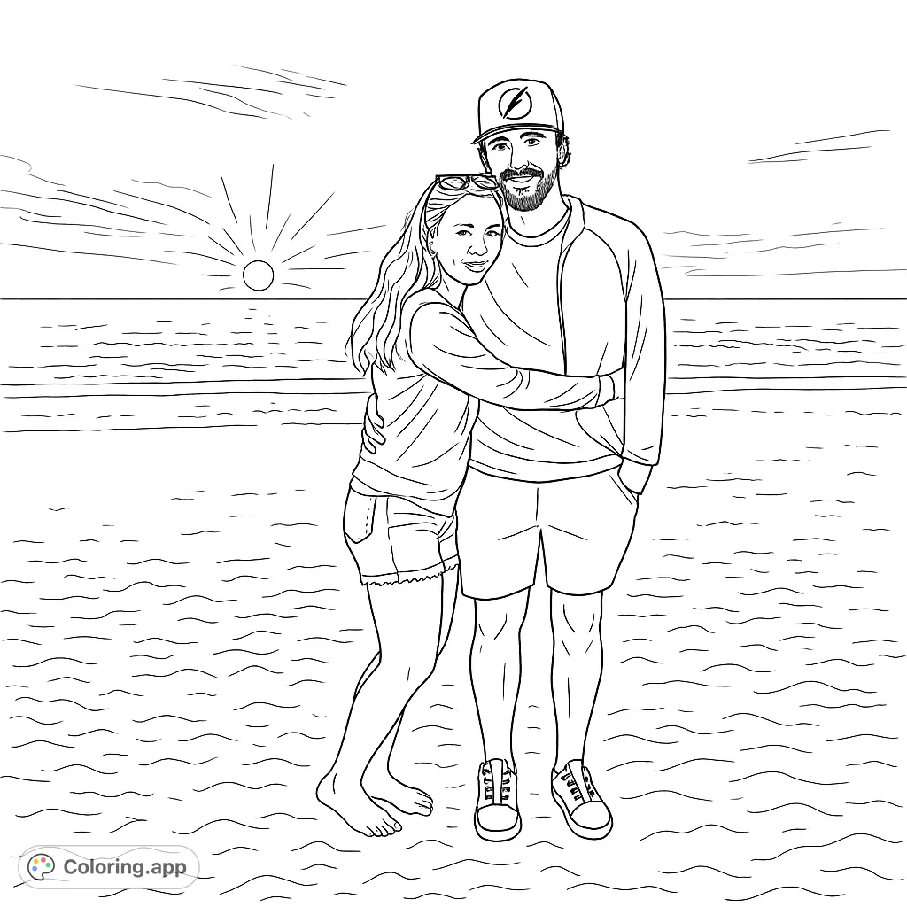 A heartwarming beach scene featuring a couple embracing against a dramatic sunset backdrop. Perfect for capturing tender moments with a scenic oceanic view.