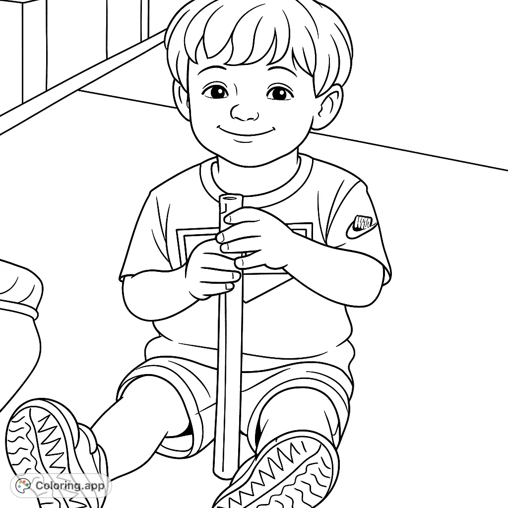 A joyful child sits outdoors, smiling and holding a tall bubble wand, ready for fun. A simple scene perfect for young colorists to personalize.