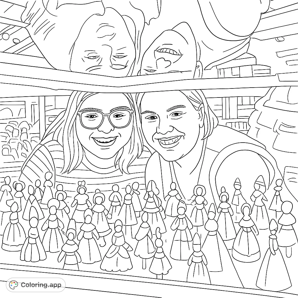 Two smiling people and their reflections gaze at an array of small, detailed decorative objects, inviting a delightful and challenging coloring experience.