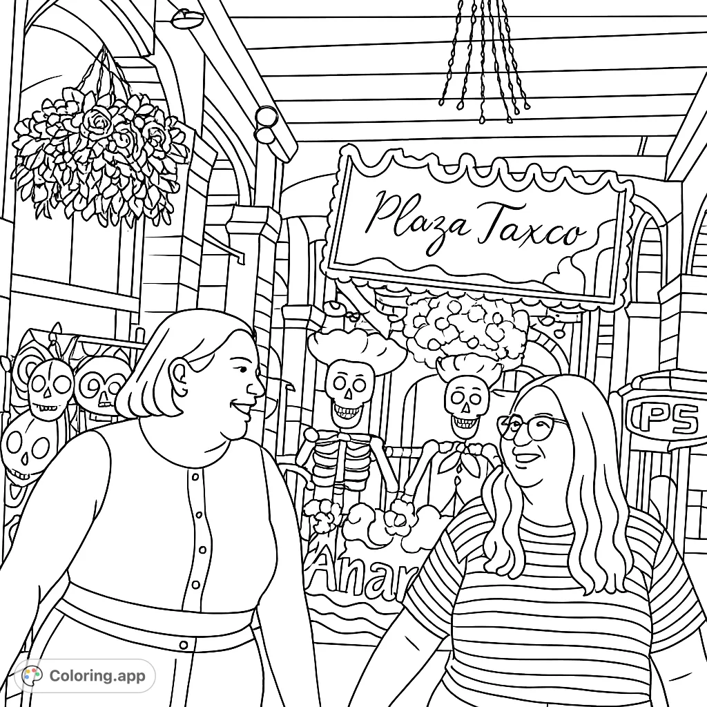Explore a bustling market scene featuring two smiling friends amidst festive decorations, charming skeleton figures, and hanging floral arrangements. A fun coloring page.