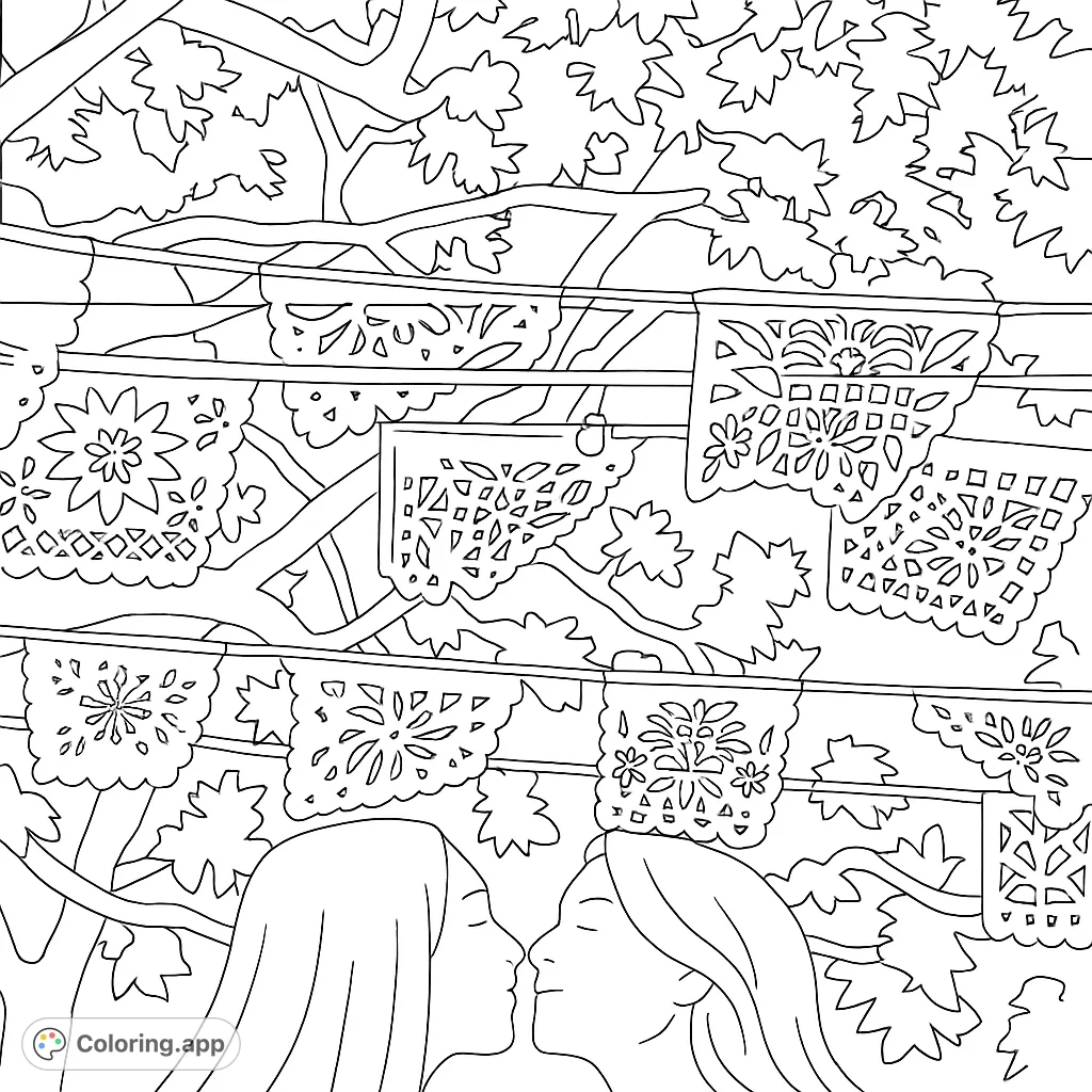 Capture the joy of celebration with this festive Papel Picado coloring page! Features intricate cut-paper banners under a lush tree canopy.