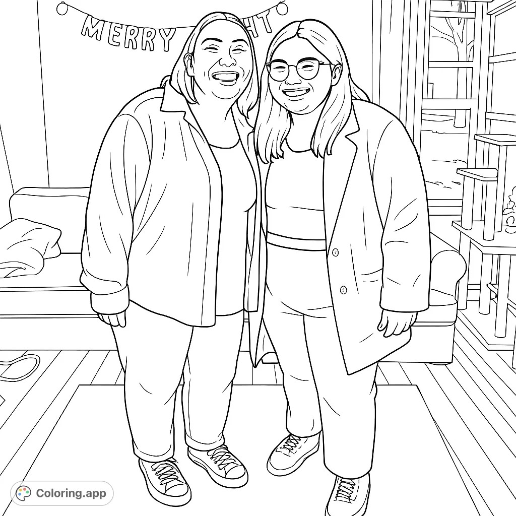 A heartwarming scene of two friends smiling and posing, surrounded by cheerful decorations and a cozy indoor setting, perfect for bringing friendship to life.