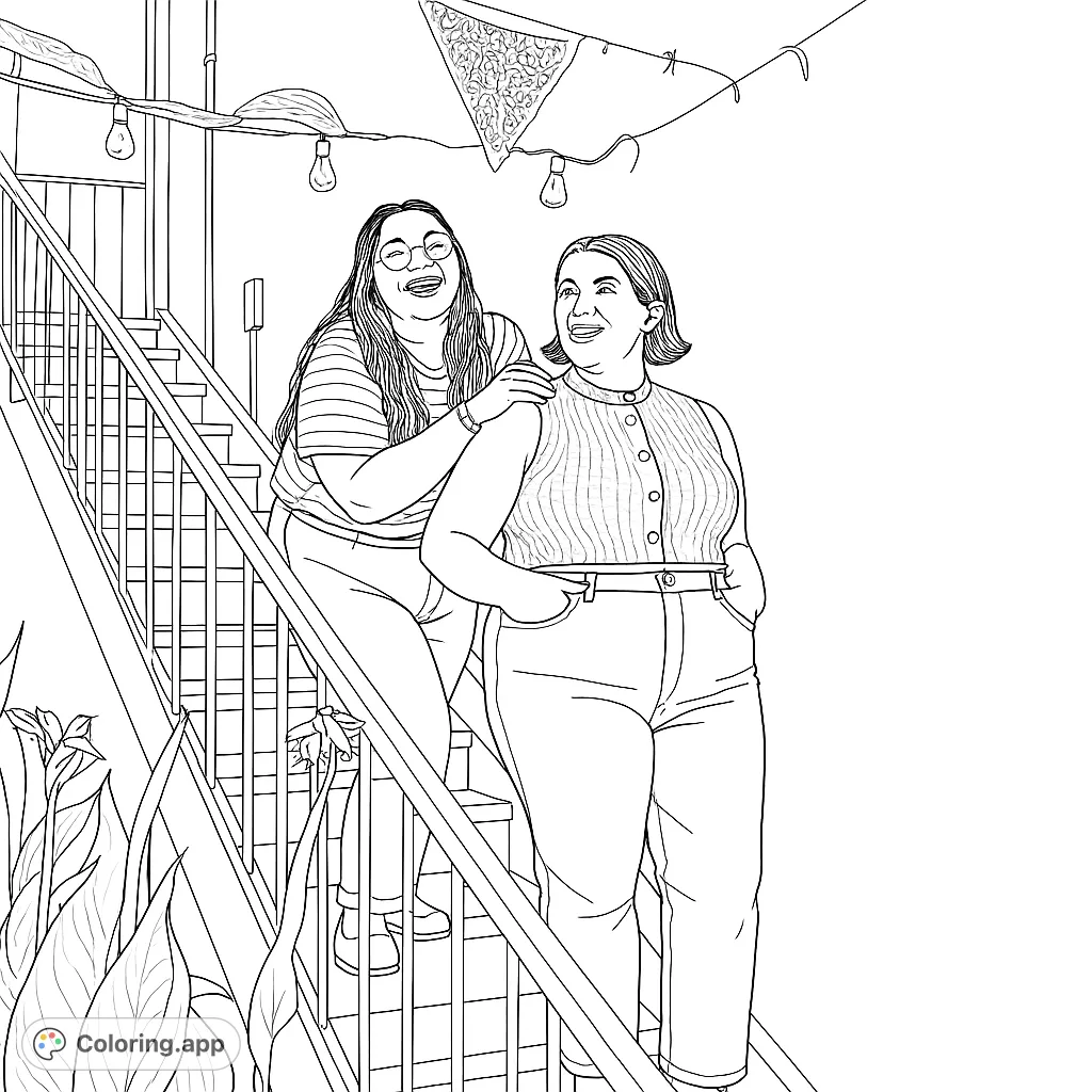 Capture a moment of pure joy with two friends laughing on an outdoor staircase. Features decorative banners and string lights, offering delightful details for coloring fun.
