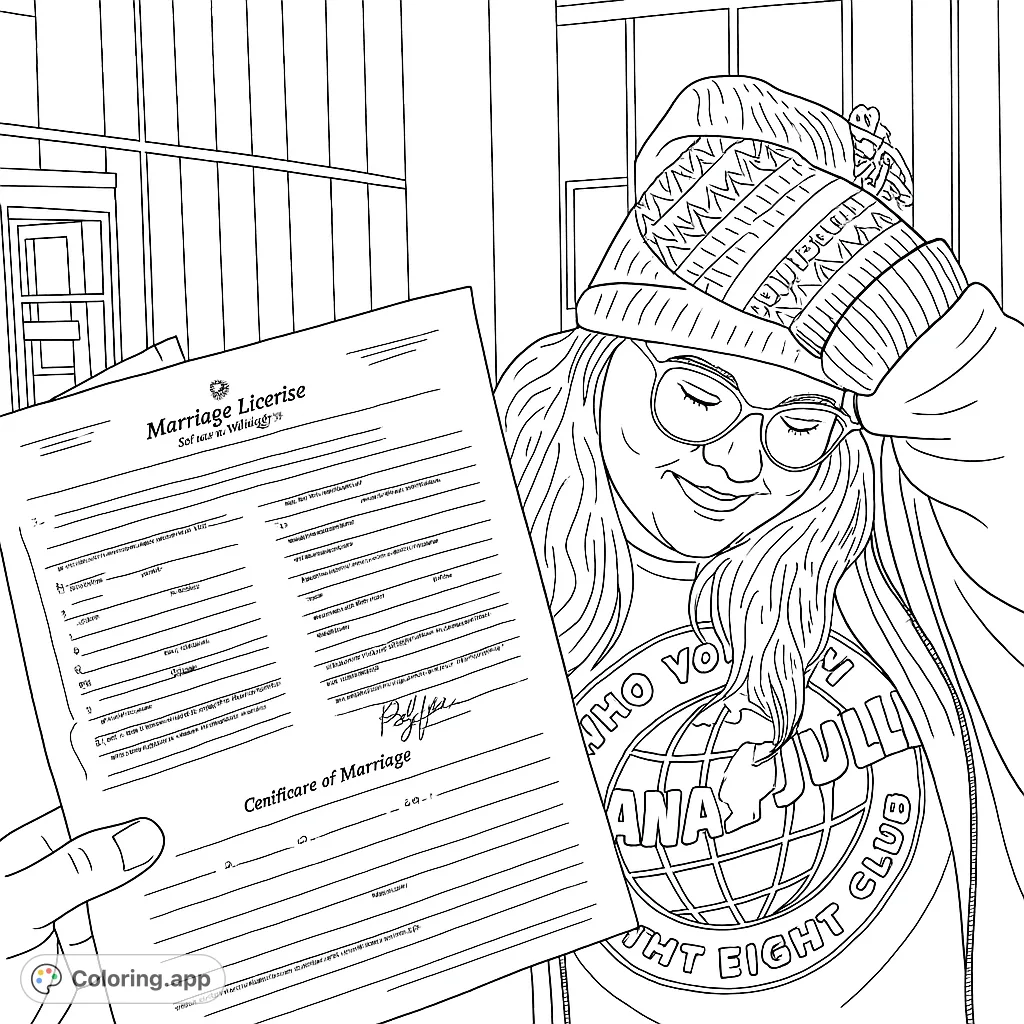 Celebrate a special moment! A smiling person holds their marriage license, surrounded by falling snow and a detailed urban background.