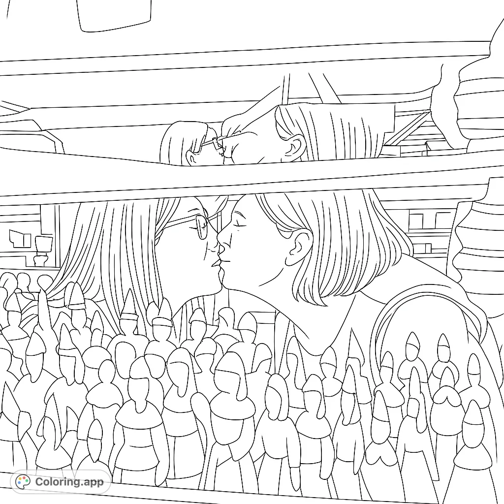 An intimate moment of two people kissing, mirrored above by their reflection, surrounded by a lively foreground of decorative objects. A heartfelt connection captured.