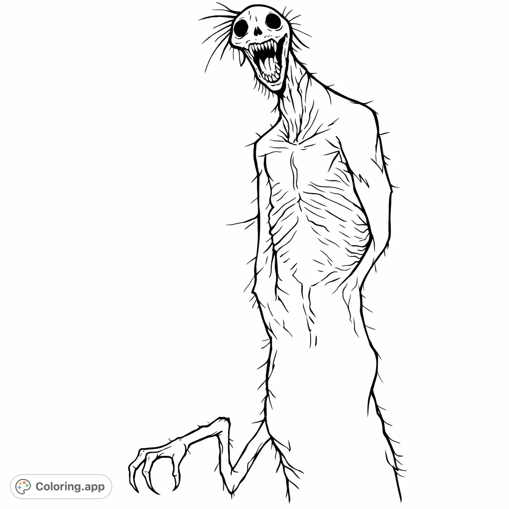 Explore the unsettling depths of imagination with this Slender Horror coloring page. A tall, spiky creature with a gaping maw awaits your creative touch.