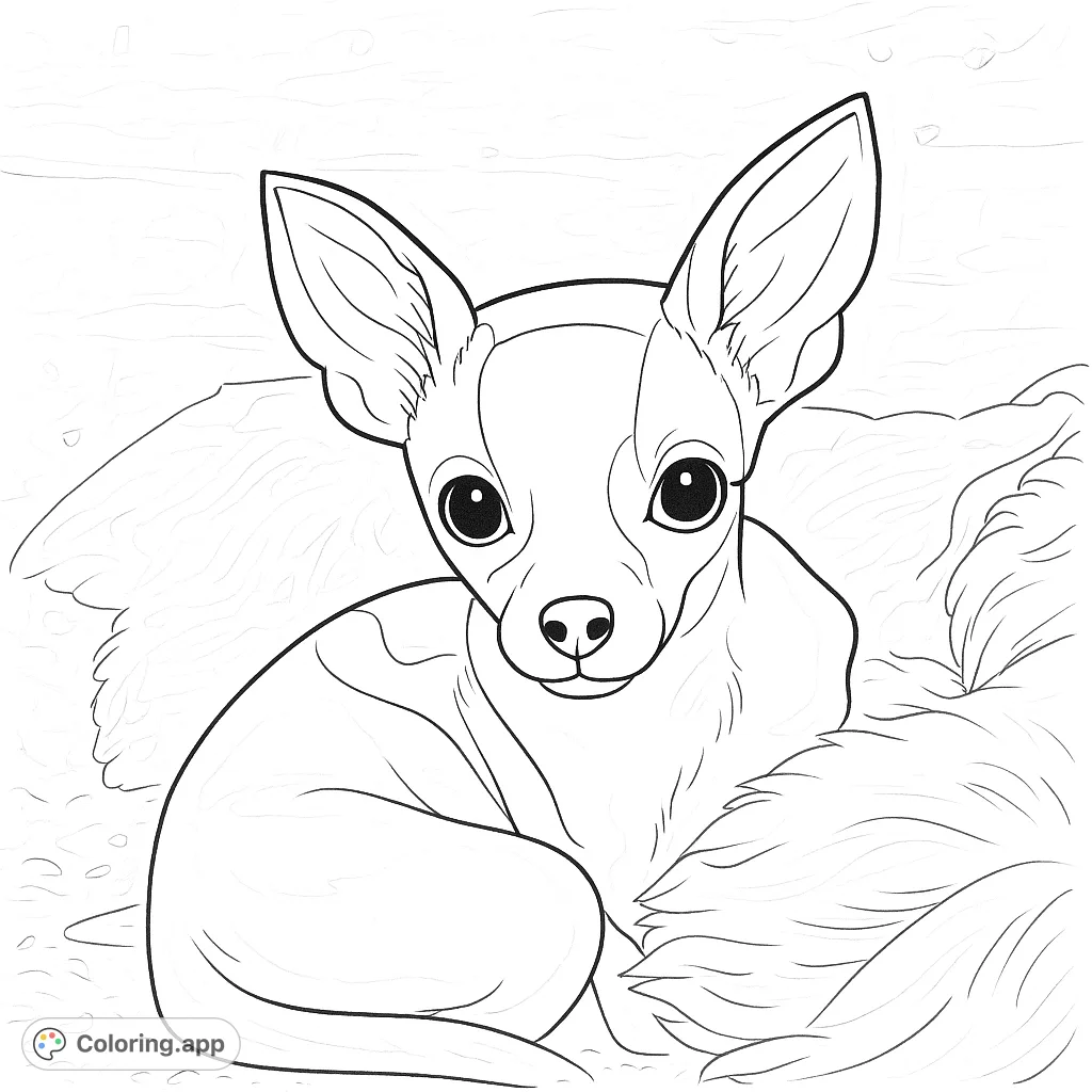 An adorable chihuahua puppy with big ears and expressive eyes, resting comfortably. A delightful and charming animal coloring page for all ages.