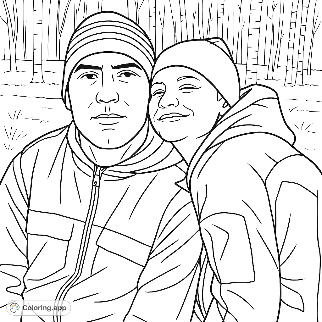 Enjoy coloring this heartwarming couple's portrait, set against a serene outdoor backdrop. Capture their connection and the textures of their winter attire in your own unique palette.