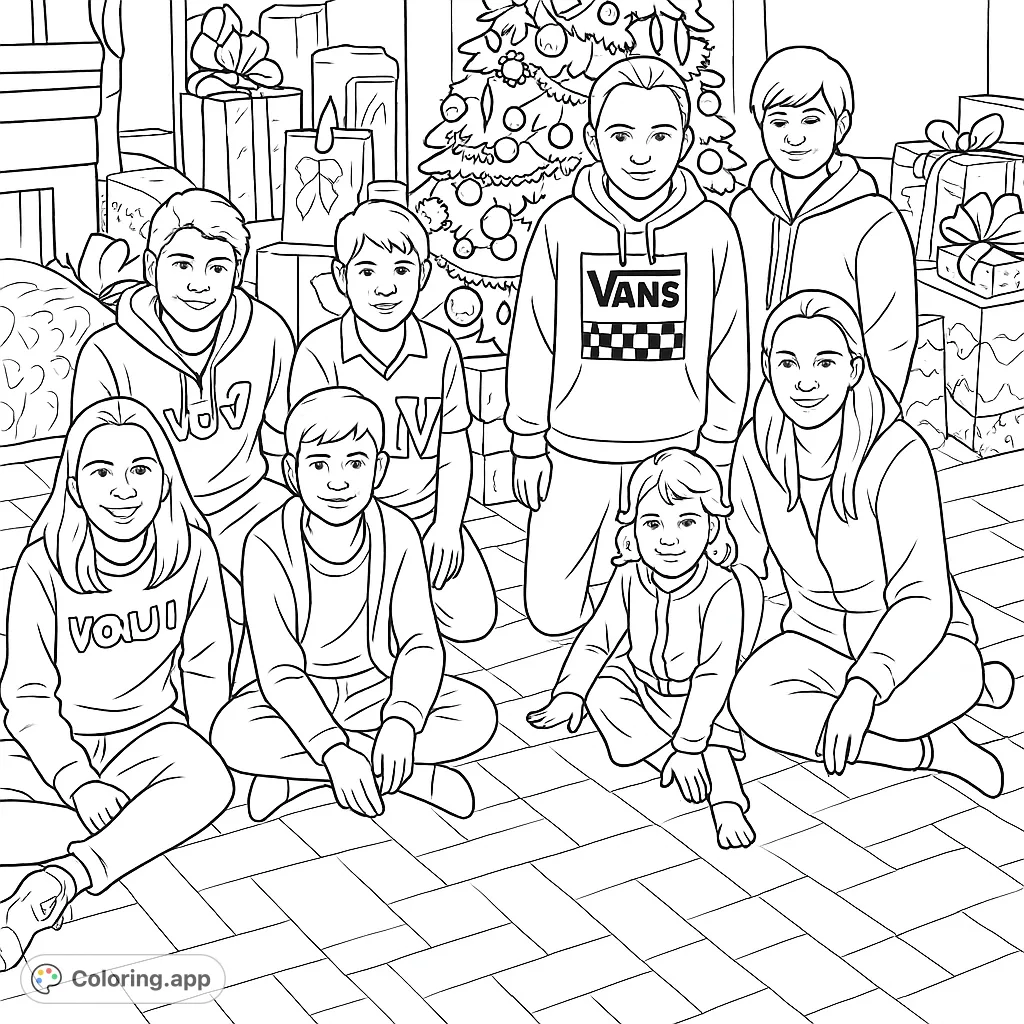 Capture the joy of a family holiday gathering with this free printable coloring page featuring eight individuals, a festive tree, and many wrapped gifts.
