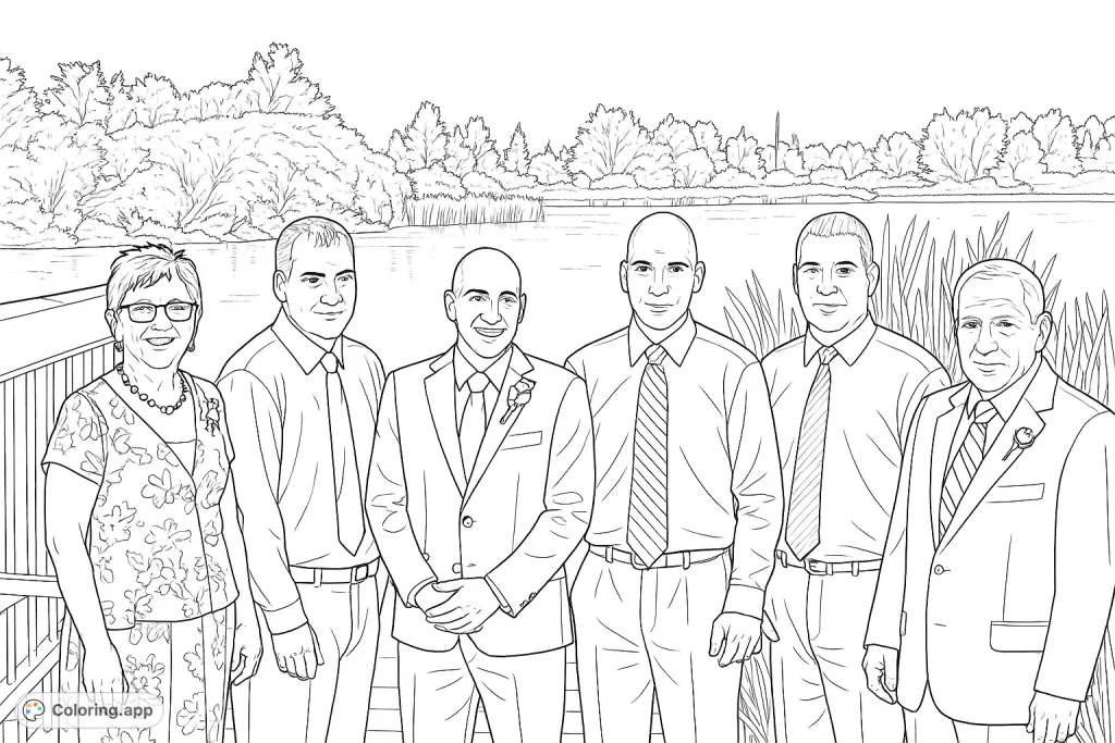 Capture a formal gathering of six individuals by a serene lake with lush foliage. A detailed scene perfect for personalizing with your artistic touch.