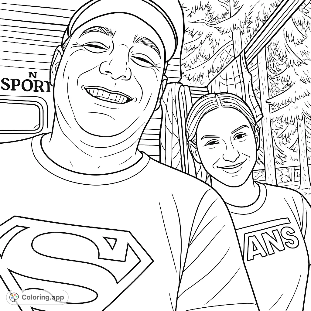Capture joy with this two-person portrait coloring page. A broadly smiling individual in the foreground, with another smiling figure behind, set against a camper and trees.