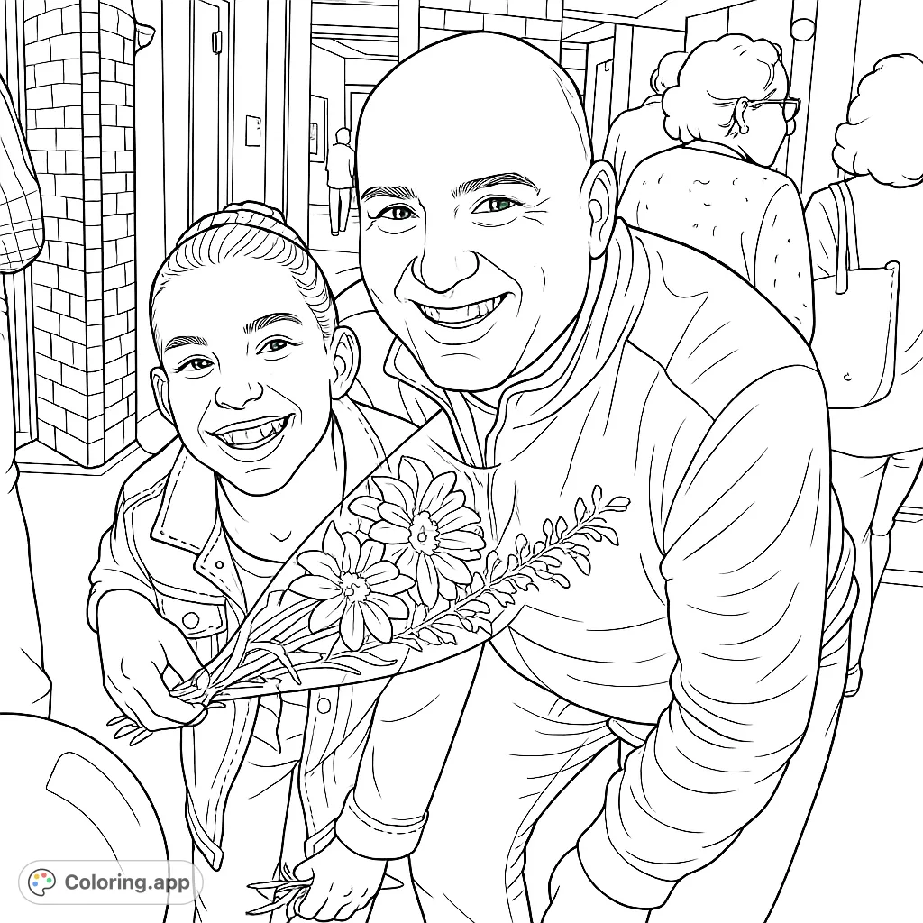 Capture a heartwarming moment of a smiling man and girl embracing, holding a bouquet. A joyful scene perfect for celebrating family bonds.