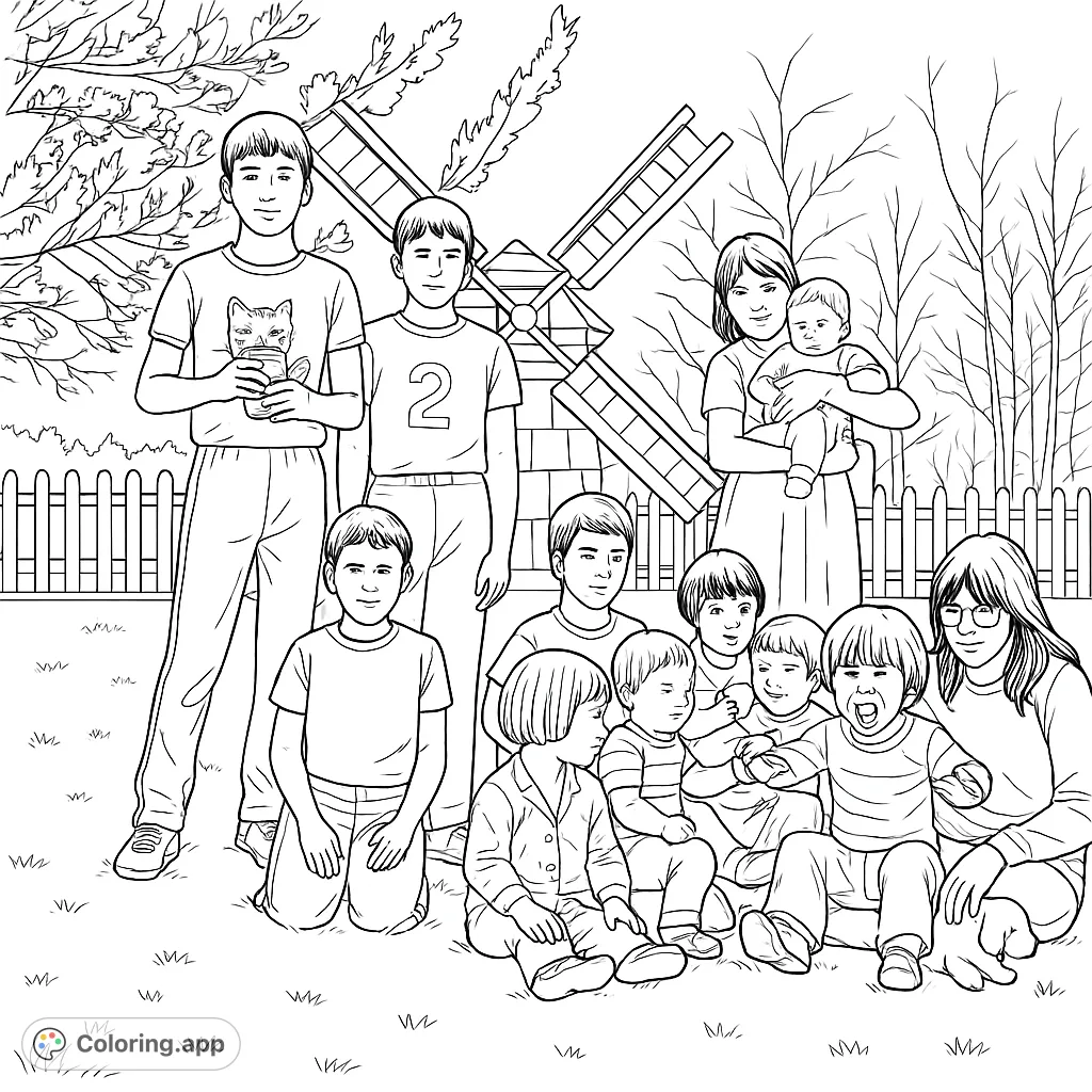 A heartwarming family gathering outdoors featuring adults, children, and a baby, set against a charming windmill and picket fence. Perfect for all ages.