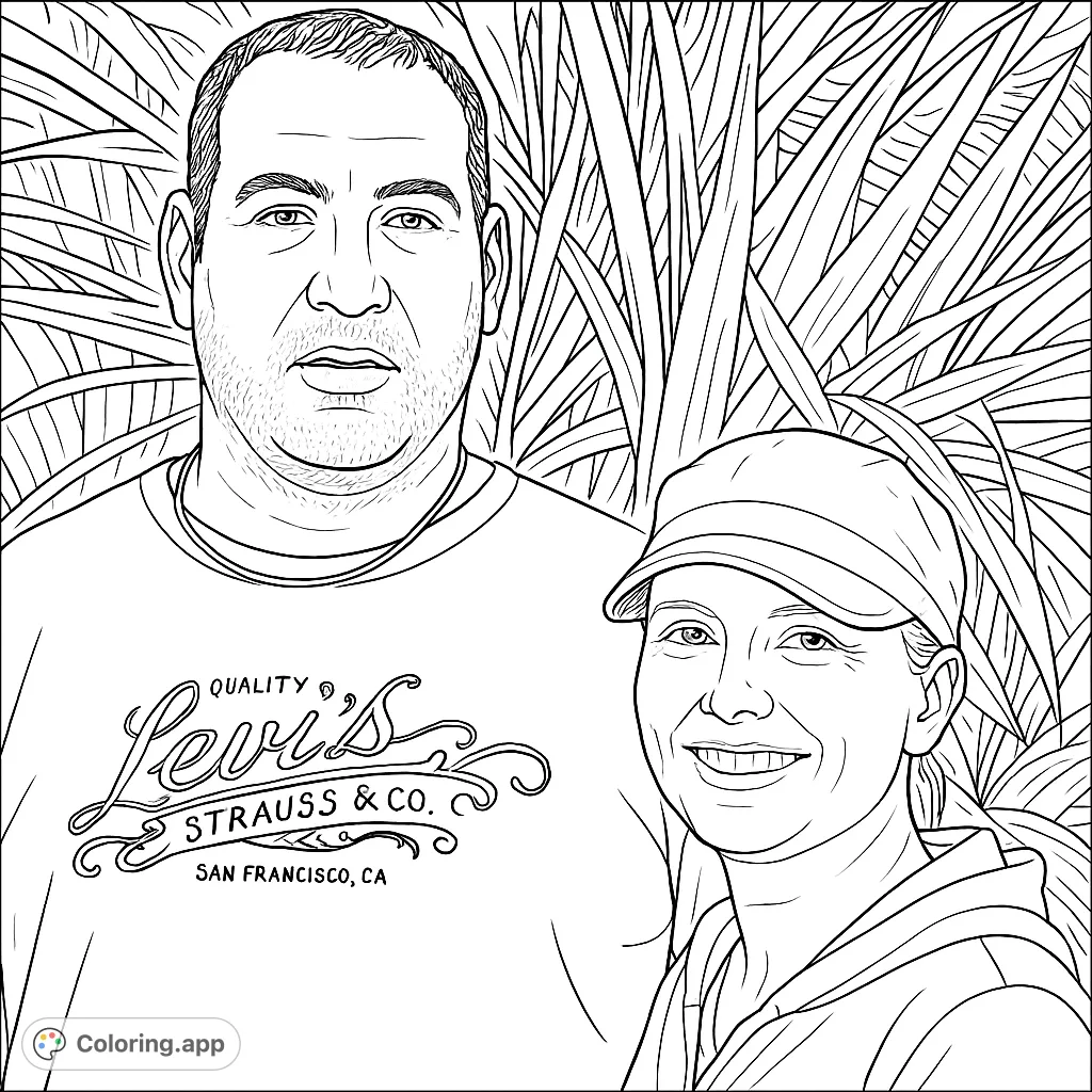 A heartwarming free printable couple coloring page featuring a man and woman smiling against a backdrop of dense foliage, perfect for all ages.