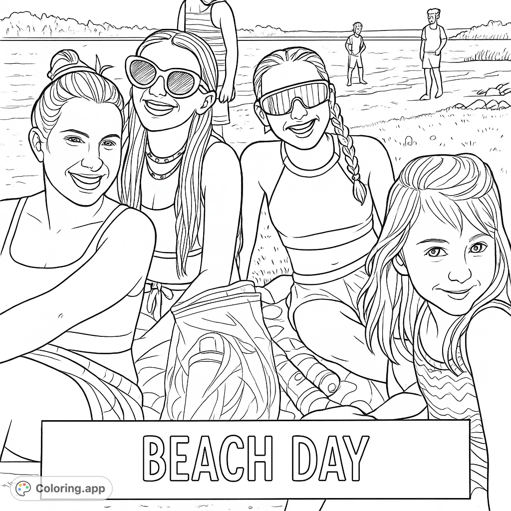Capture a joyful beach day with friends! This coloring page features a group of smiling females on the sand by the water, perfect for summer fun.