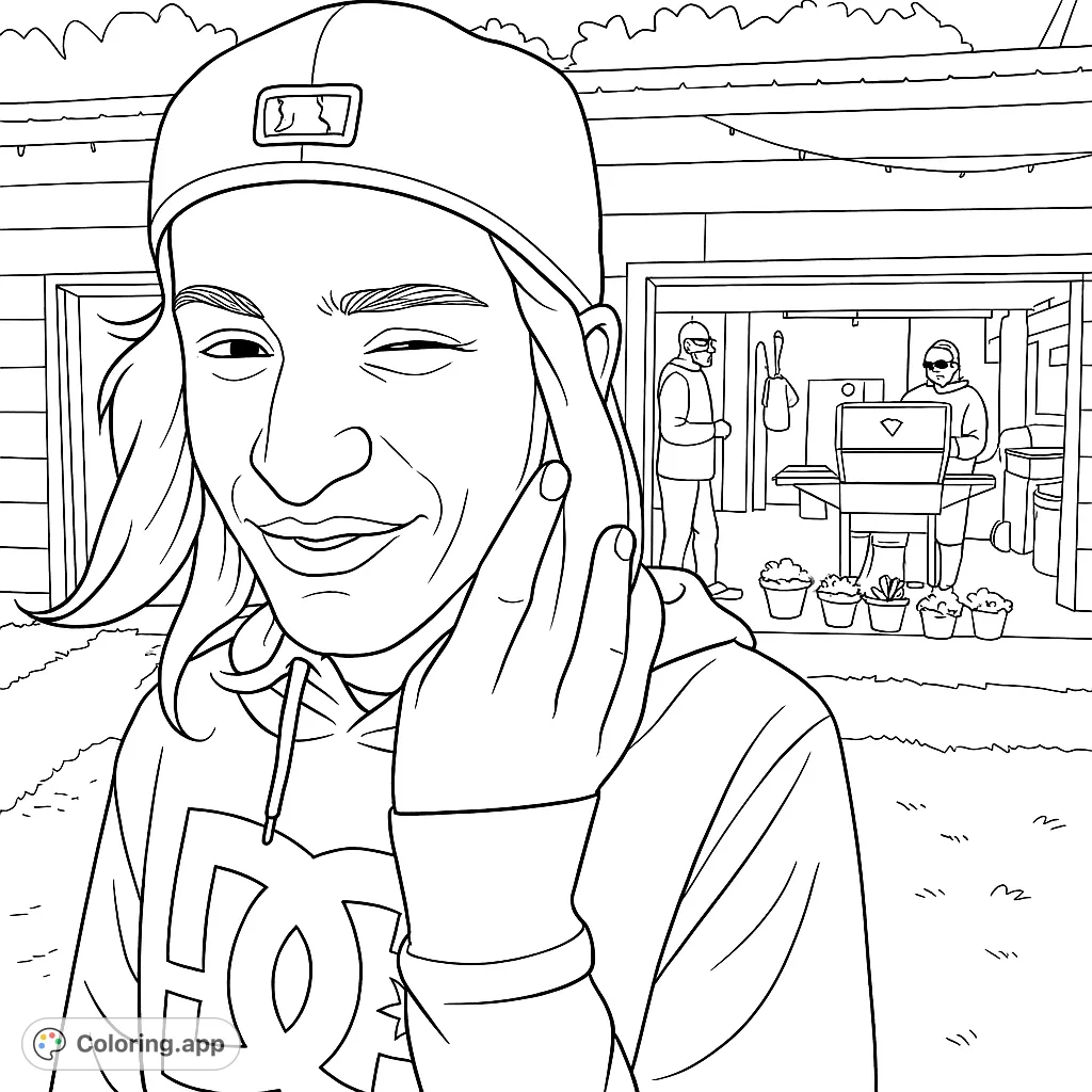 A casual backyard scene featuring a winking individual in a cap and hoodie, with friends grilling in the background. A fun, relatable moment to color.