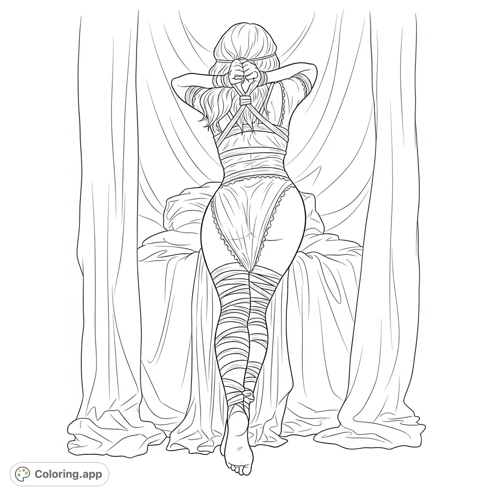 An artistic depiction of a female figure, elegantly bound, conveying vulnerability and poise in an intimate setting. Explore curves, textures, and subtle emotional depth.