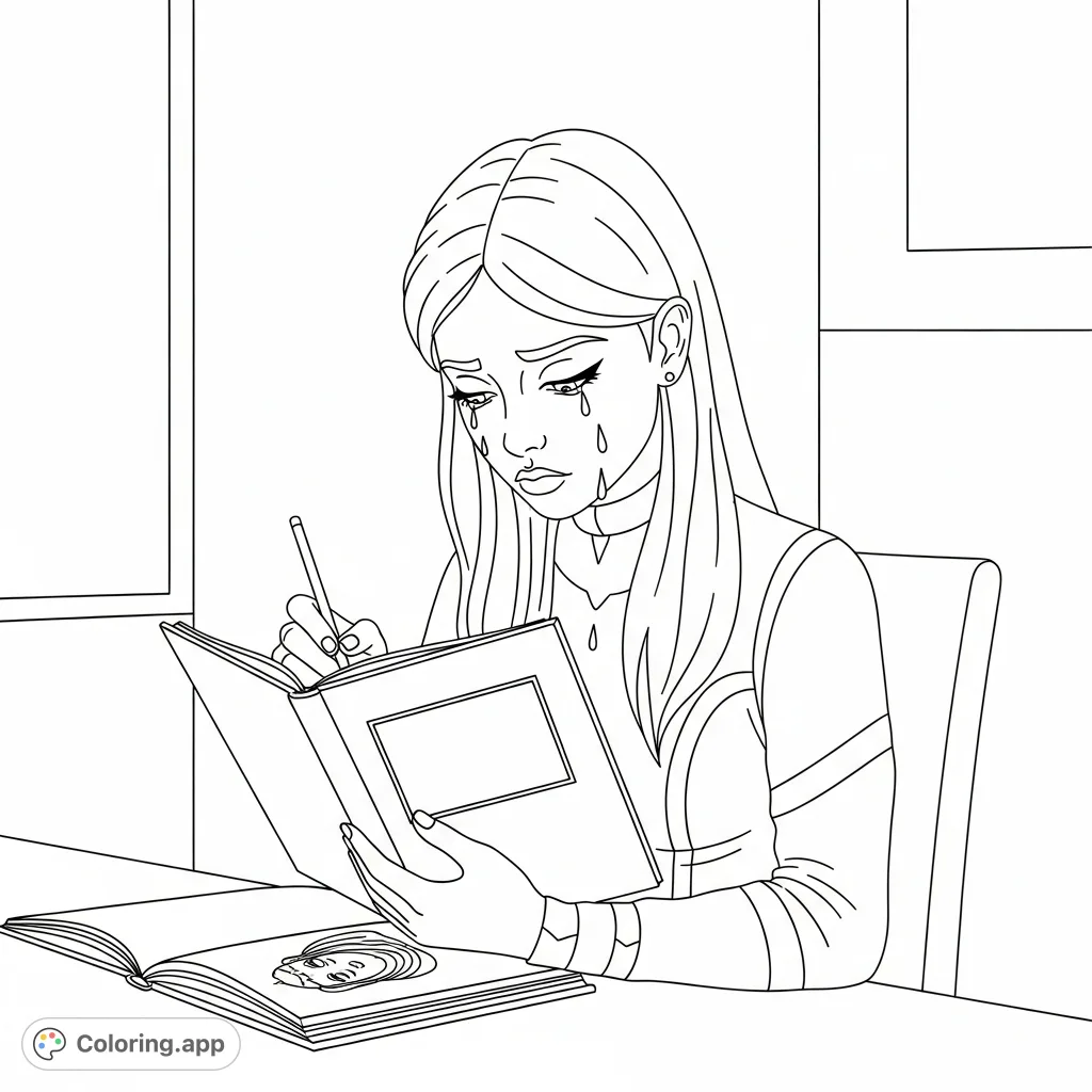 A poignant bad girl coloring page featuring a solitary figure with tear drops, lost in her drawings amidst a dark, reflective setting. Free printable coloring page for emotional expression.