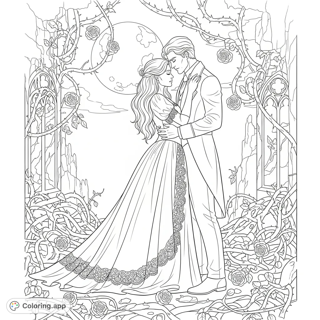 A detailed dark romance coloring page featuring a couple in a tender embrace under a full moon, surrounded by gothic architecture and intricate rose vines. Perfect for adults.