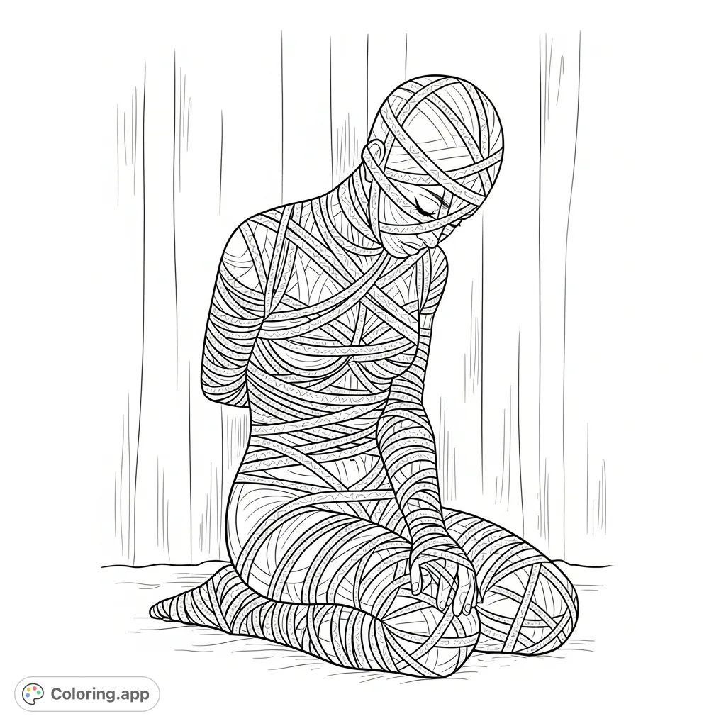 Explore the artistic depiction of a figure in intricate restraint. This adult coloring page offers a unique study of form, texture, and quiet strength.