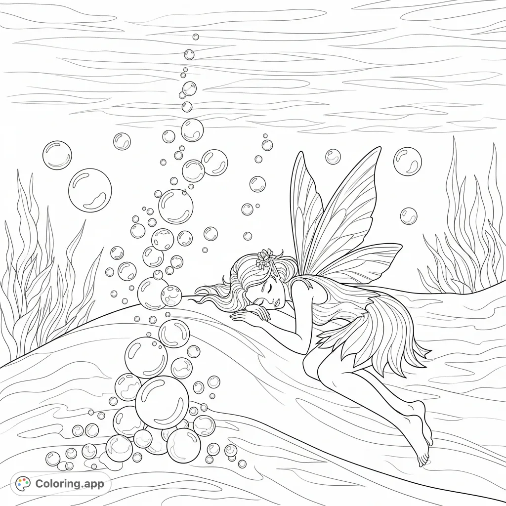 Immerse yourself in a serene fantasy water coloring page featuring a graceful sleeping fairy nestled amidst enchanting bubbles. A tranquil scene for peaceful coloring.