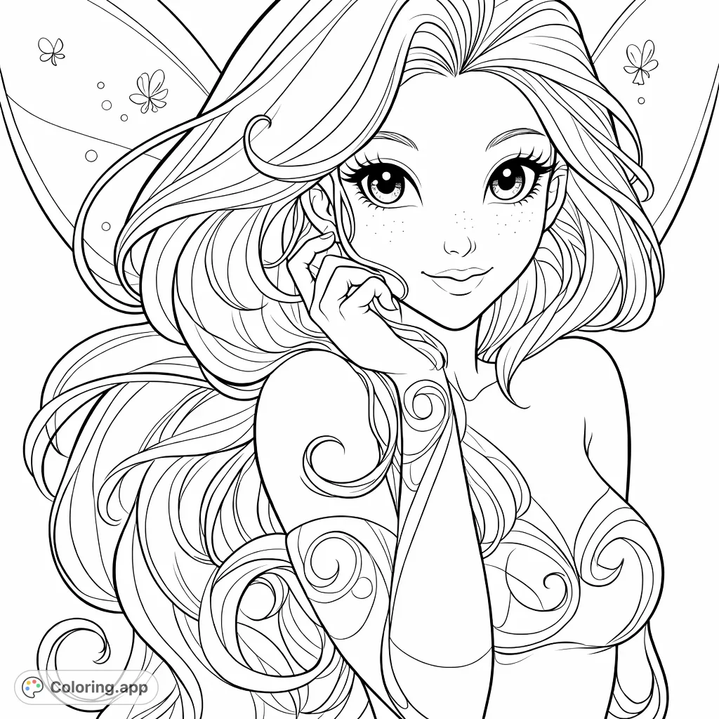 Color an enchanting fairy portrait with flowing hair, delicate wings, and a serene expression. A delightful fantasy coloring page for creative minds.