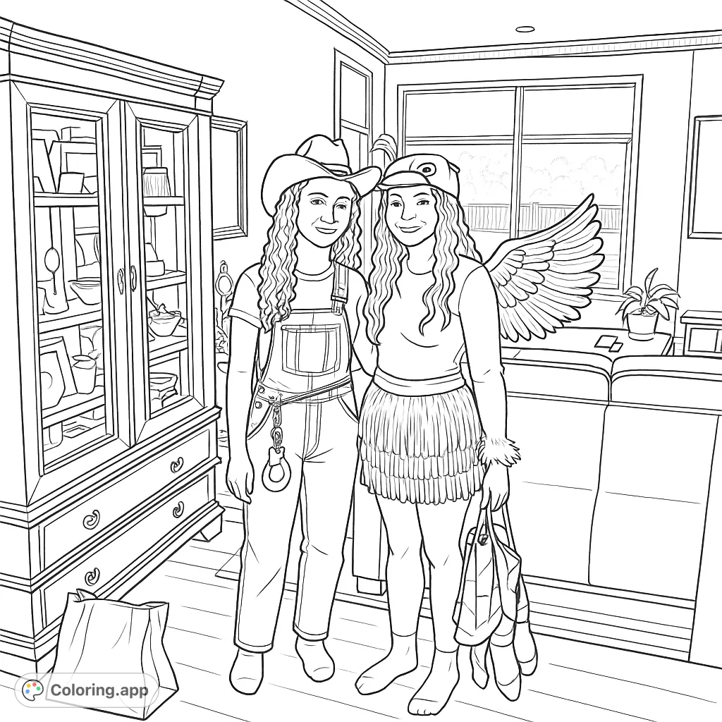 Two friends in unique costumes, one as a playful farmer with a traffic cone hat, the other as a winged creature with a shimmering skirt. A fun coloring adventure!