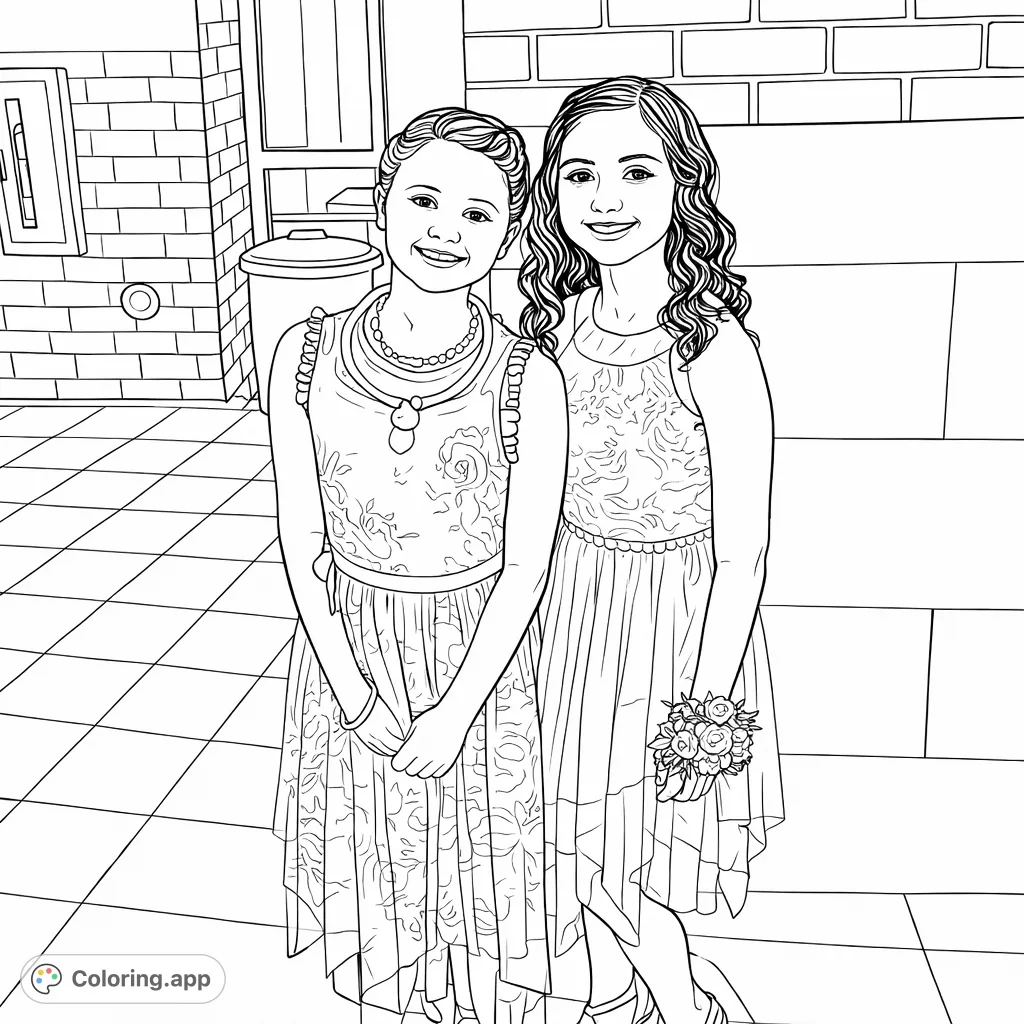 Capture the joy of friendship with this elegant portrait of two young girls in beautiful dresses, adorned with lovely details and accessories. A delightful coloring experience.