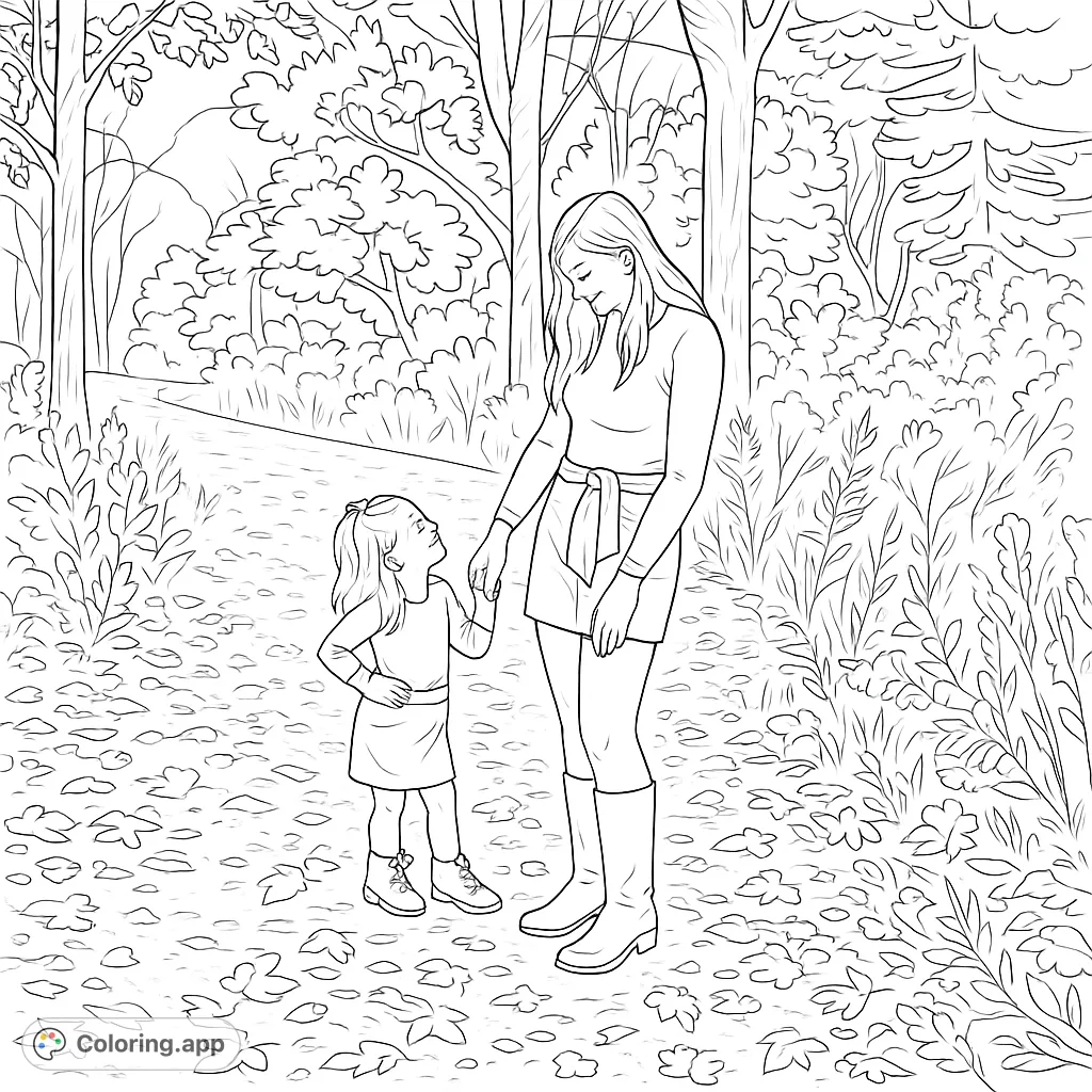 A heartwarming scene of a woman and child holding hands on a path covered in fallen leaves, surrounded by a serene woodland setting, perfect for coloring.