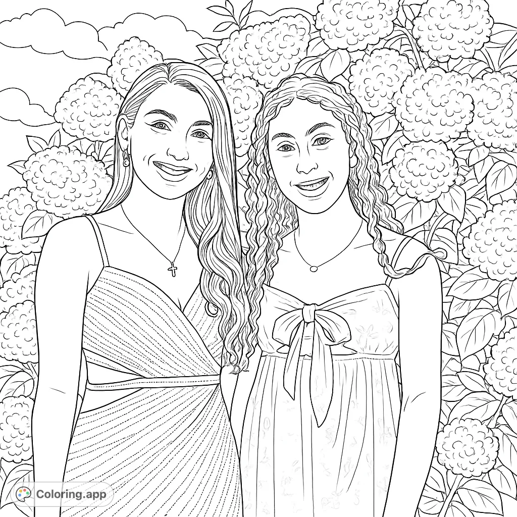 A charming formal attire coloring page featuring two smiling friends against a backdrop of voluminous flower clusters. Perfect for teens and fashion enthusiasts.