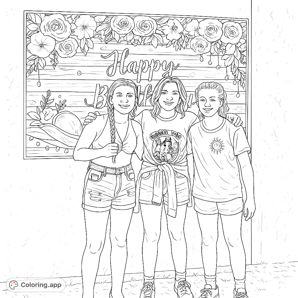 Capture the joy of friendship with this celebration coloring page featuring three young individuals in front of a festive floral and wood grain banner.